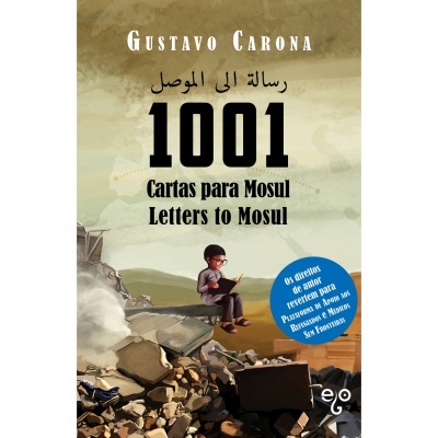 Capa de livro '1001 Cartas para Mosul' com ilustração de criança sobre ruínas