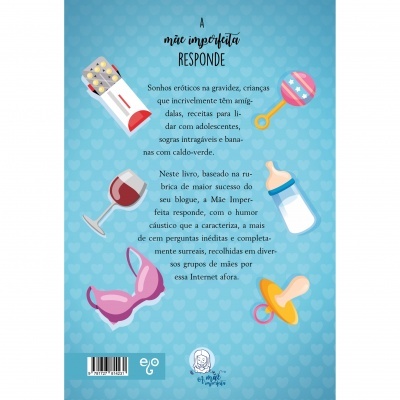 Contracapa de livro azul com ilustrações de objetos relacionados a mães e crianças e texto em português.