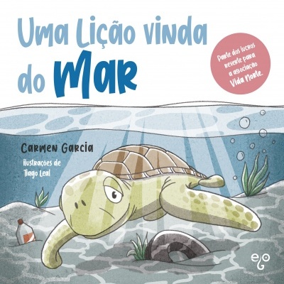 Capa de livro infantil com tartaruga marinha e título Uma Lição vinda do Mar