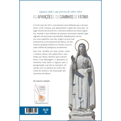 Página com texto sobre Aparições e Caminhos de Fátima e estátua da Virgem Maria com terço
