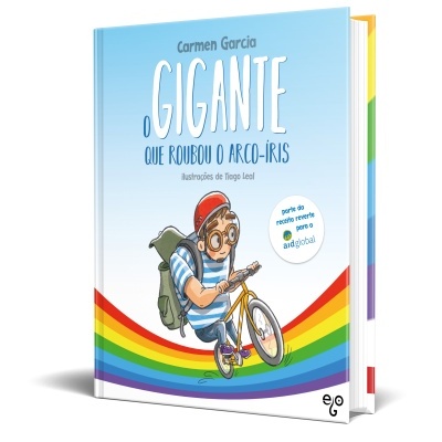 Capa do livro infantil 'O Gigante que Roubou o Arco-Íris' com ilustrações coloridas de uma criança numa bicicleta e faixas de arco-íris