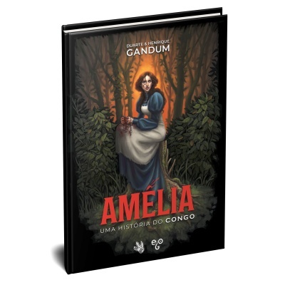 Capa de livro Amélia com mulher sentada em floresta e texto do título e autores