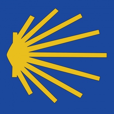 Símbolo amarelo estilizado sobre fundo azul