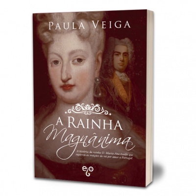 Capa do livro 'A Rainha Magnánima' de Paula Veiga com retratos históricos e texto branco