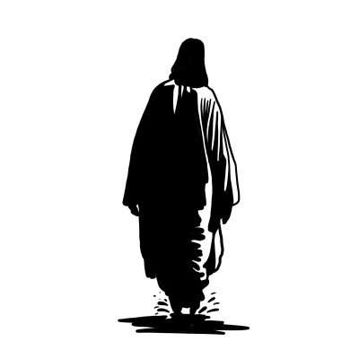 Desenho a preto e branco de uma figura humana de costas a caminhar com manto longo.