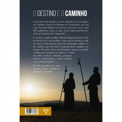 Capa de livro com silhuetas de peregrinos ao entardecer e texto em português sobre o Caminho de Santiago