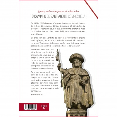 Capa de livro sobre O Caminho de Santiago de Compostela com estátua de Santiago e texto explicativo