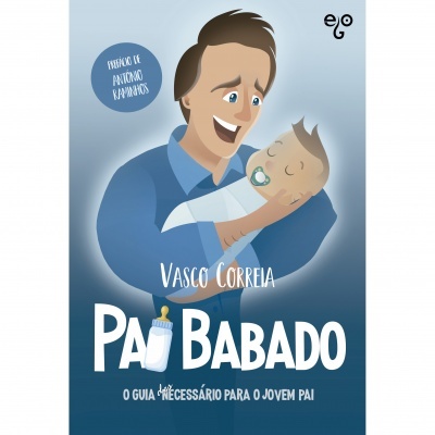 Capa de livro com pai segurando bebê e texto informativo.