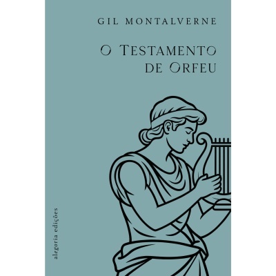 Livro O Testamento de Orfeu com ilustração de Orfeu tocando lira em fundo azul