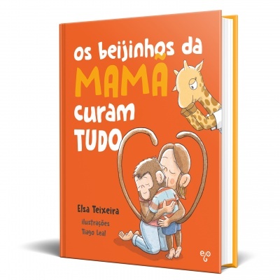 Livro infantil 'os beijinhos da MAMA curam TUDO' com ilustração de criança, adulto e girafa na capa laranja