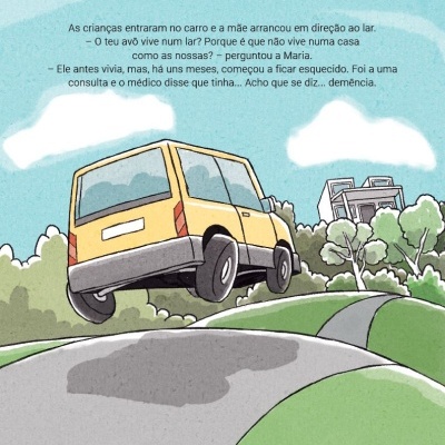 Ilustração de carro amarelo a subir estrada com colinas verdes e céu azul