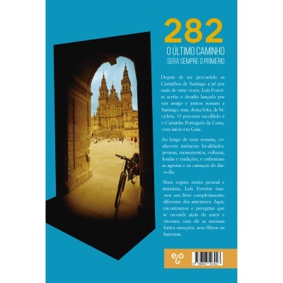 Capa de livro com foto de bicicleta e igreja, texto em português sobre peregrinação no Caminho Português.