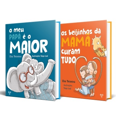 Dois livros infantis coloridos com ilustrações de elefante e família
