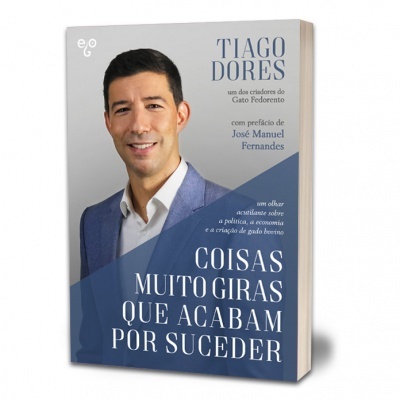 Capa do livro Coisas Muito Giras Que Acabam Por Suceder de Tiago Dores com fundo azul e cinza e foto do autor