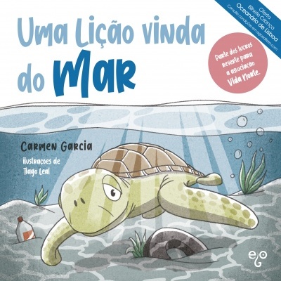 Capa de livro infantil com tartaruga marinha e texto em português