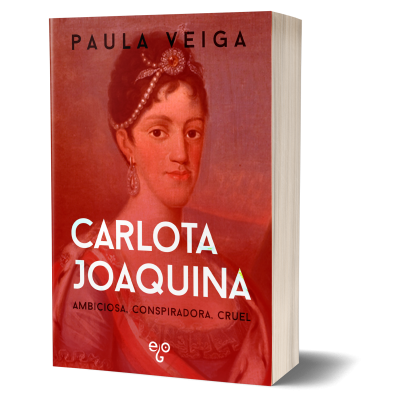 Capa do livro Carlota Joaquina com retrato feminino antigo e texto em branco e preto sobre fundo vermelho.