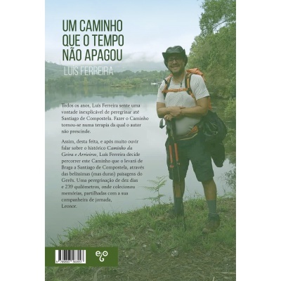 Contracapa de livro com título, autor e pessoa em roupa de caminhada junto a um lago