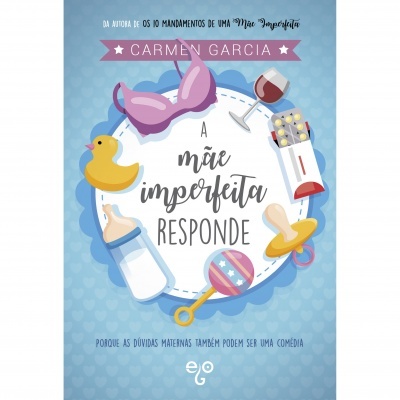 Capa de livro azul claro com título e ilustrações de objetose infantis coloridas.