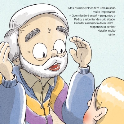 Ilustração de homem idoso de camisola azul e criança loira a conversar, com texto em português ao lado.