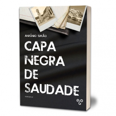 Livro com capa preta, título CAPA NEGRA DE SAUDADE, autor António Simão, duas fotos antigas e papel de linhas