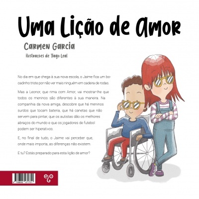 Capa do livro 'Uma Lição de Amor' com ilustração de duas crianças, uma numa cadeira de rodas e outra em pé