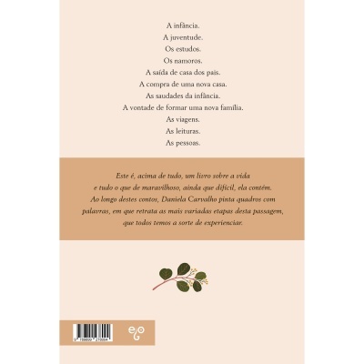Parte traseira de livro com texto e ilustração de ramo com folhas