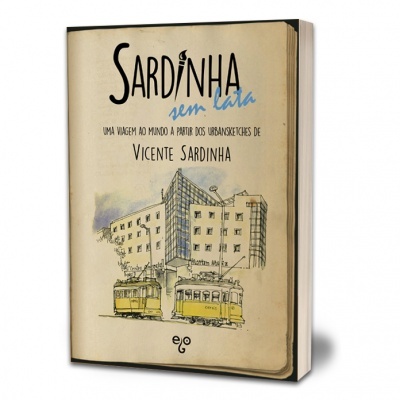Capa de livro com título Sardinha sem lata e ilustração de eléctricos amarelos e edifício