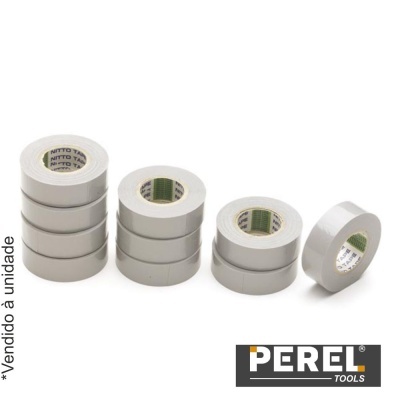 fitas isolantes brancas e cinzentas empilhadas, com marca PEREL TOOLS e texto em português