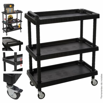 Carrinho de serviço preto de três níveis em plástico com rodas