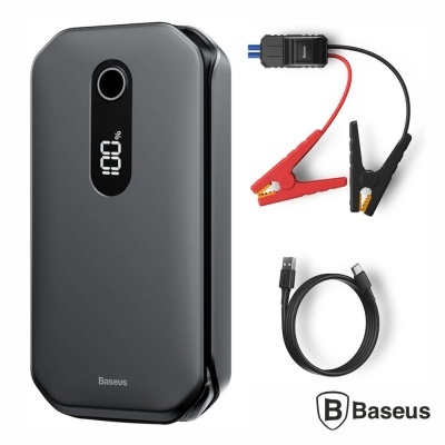 Carregador portátil Baseus preto com ecrã digital, cabo USB-C e pinças de bateria