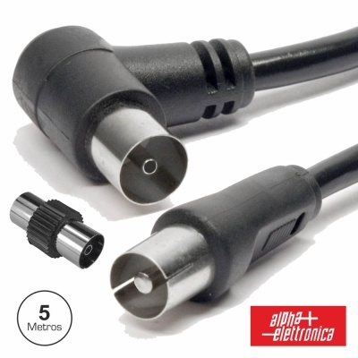 Cabo coaxial preto com conectores metálicos e adaptador, 5 metros, logo alpha elettronica.