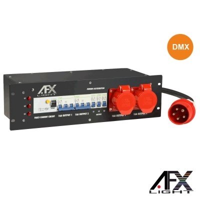 Distribuidor de energia AFX Light preto com tomadas vermelhas e interruptores azuis