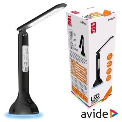 Lâmpada de mesa LED Avide preta com visor digital e embalagem ao lado