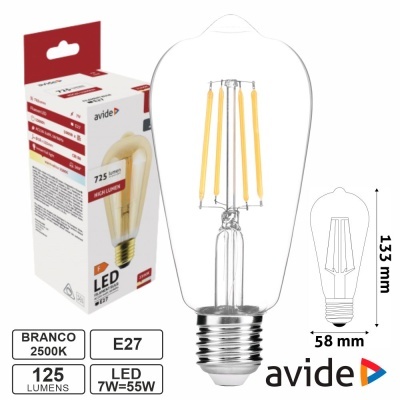 Lâmpada LED vintage transparente Avide com embalagem branca e vermelha, base E27, filamentos amarelos visíveis.
