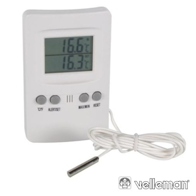 Termómetro digital branco Velleman com ecrã LCD e sonda metálica