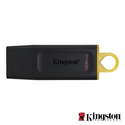 Pen USB Kingston preto com borda amarela e texto 128 GB
