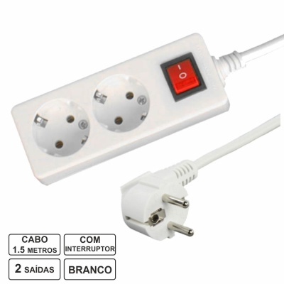 Extensão elétrica branca com duas tomadas e interruptor vermelho