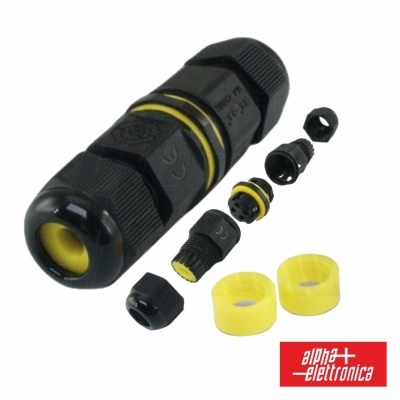 Conector elétrico preto e amarelo com peças desmontadas e logotipo alpha elettronica