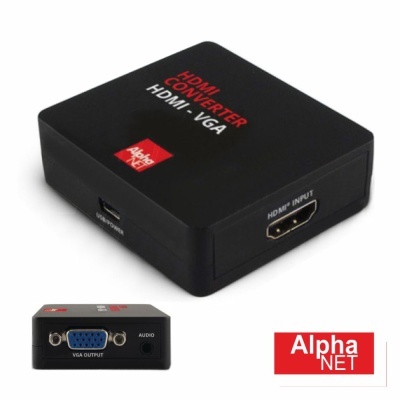Conversor HDMI para VGA AlphaNET preto com entrada HDMI e saída VGA azul