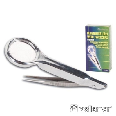 Lupa metálica com pinça e embalagem