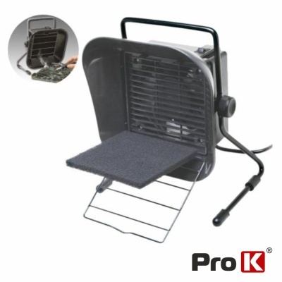 Aquecedor elétrico portátil preto com grelha frontal, suporte metálico e régua para controlo.