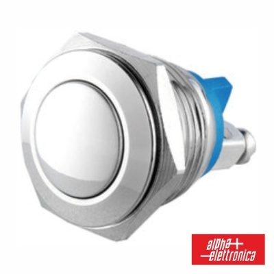 Botão metálico prateado com base azul e logótipo alpha elettronica