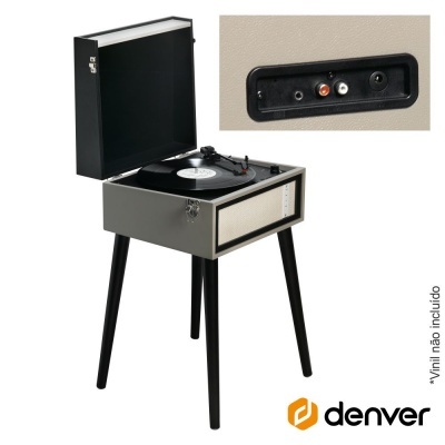 Gira-discos Denver cinzento com tampa preta aberta e pernas pretas