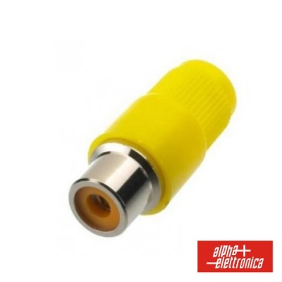 Adaptador RCA amarelo com corpo metálico prateado e revestimento de plástico amarelo