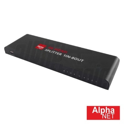 Divisor de rede Alpha NET 1IN-8OUT preto com logótipo vermelho e branco