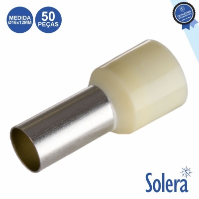 Conector elétrico metálico e branco Solera com etiquetas azuis e selo de qualidade.