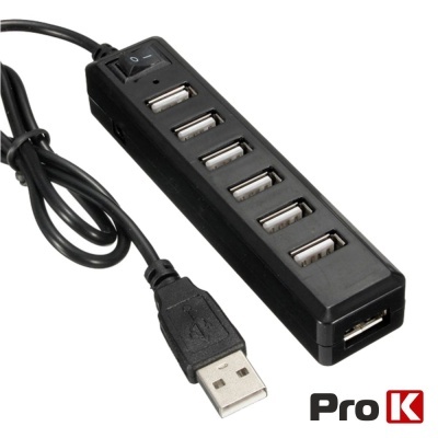 Hub USB preto com 7 portas e cabo USB tipo A