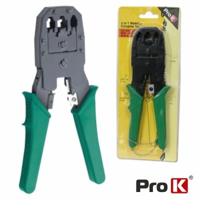 Alicate de crimpagem Pro K verde e preto em embalagem amarela