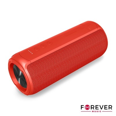 Coluna portátil vermelha com textura de tecido e botões de controlo