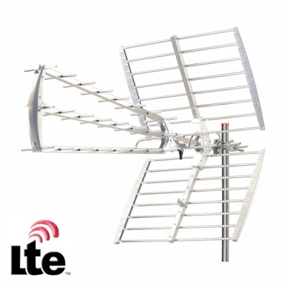 Antena metálica externa para televisão prateada com barras horizontais e grades retangulares e triangulares montada em mastro